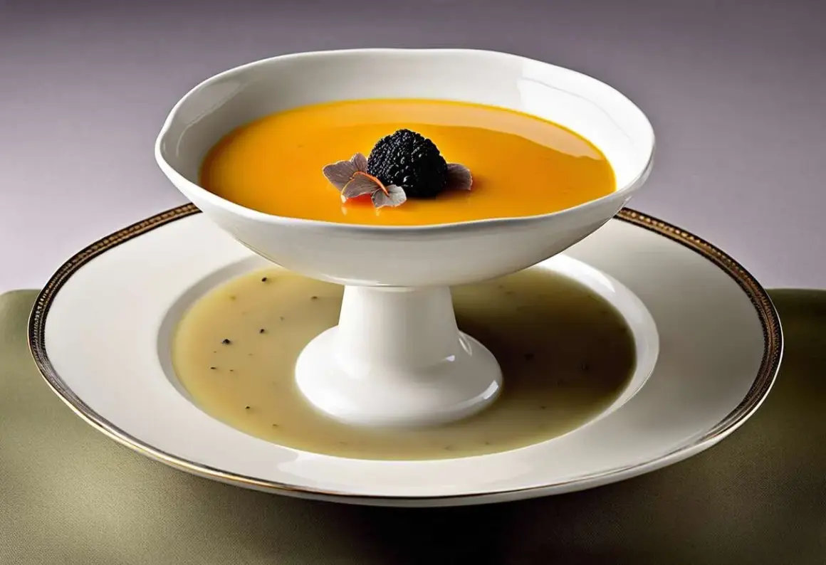 Un plat élégant pour servir la soupe : une bisque orangée garnie d'une mûre et de pétales, posée sur une assiette creuse contenant un bouillon clair.