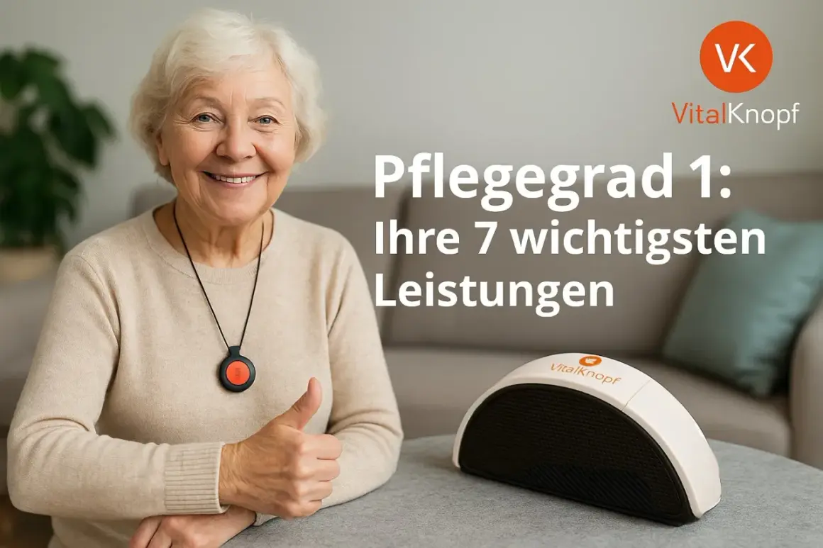 Lächelnde ältere Frau mit Notrufknopf gibt Daumen hoch. Text: Pflegegrad 1: Ihre 7 wichtigsten Leistungen. Entlastungsbetrag nutzen.