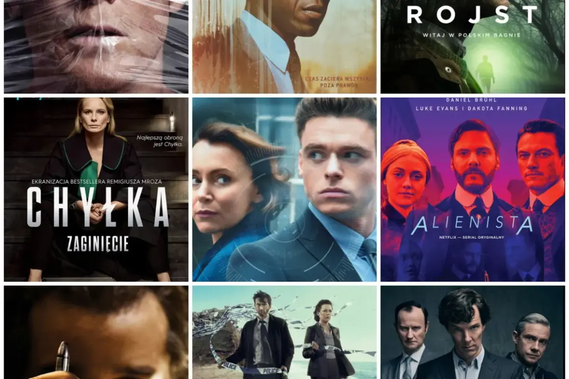 Kolaż plakatów filmowych i serialowych, w tym "Chyłka", "Rojst" i "Alienista", które są ekranizacjami książek.