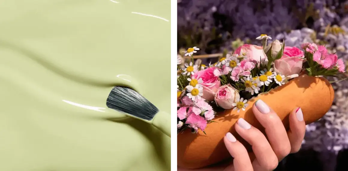 En pensel doppas i ljusgrönt nagellack. En hand med ljusa vårnaglar 2026 håller en orange form fylld med rosa blommor.