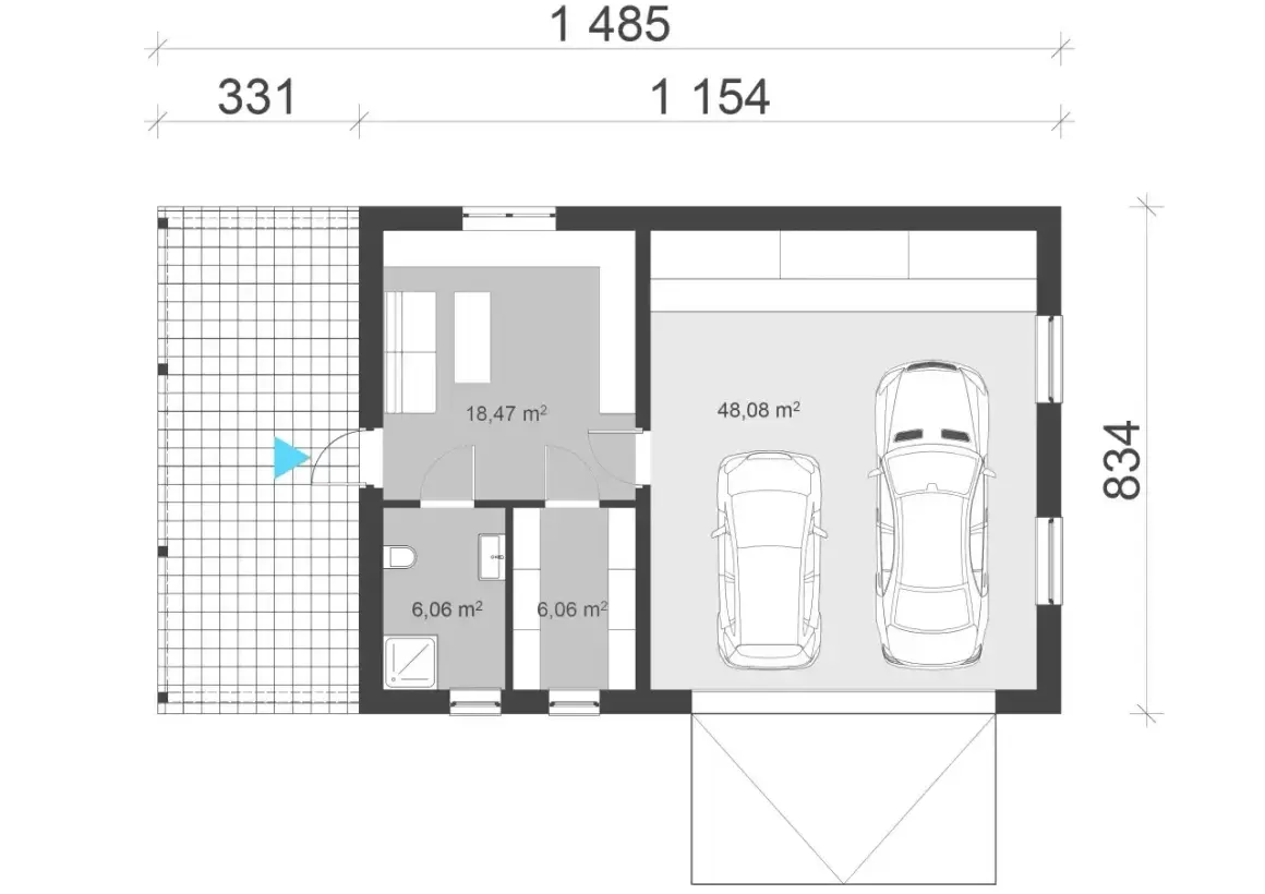 Rzut garażu jednostanowiskowego z wymiarami: 48,08 m² na dwa auta, pomieszczenie gospodarcze 18,47 m², łazienka 6,06 m².