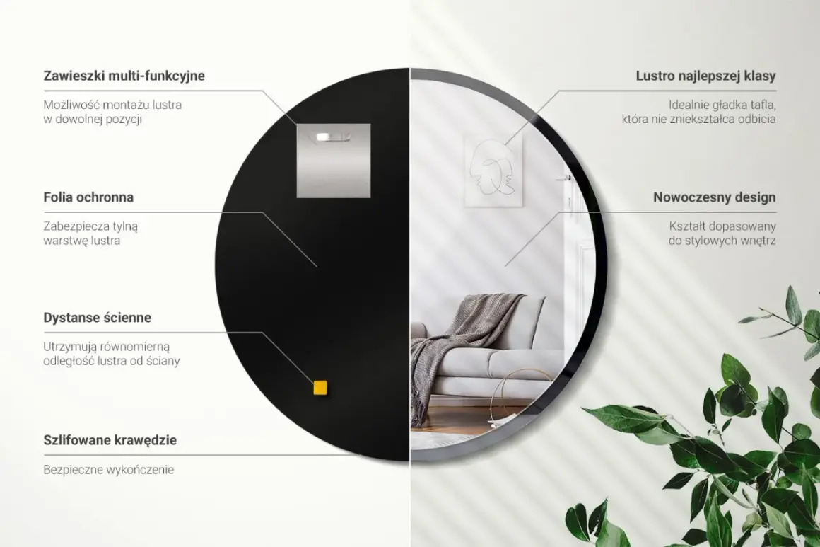 Eleganckie lustro okrągłe czarne z nowoczesnym designem, idealne do stylowych wnętrz.