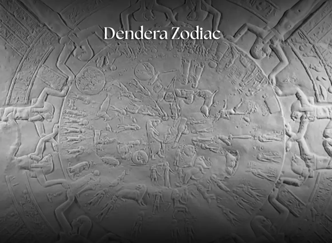 Relieve circular del zodiaco de Dendera con figuras mitológicas y animales.