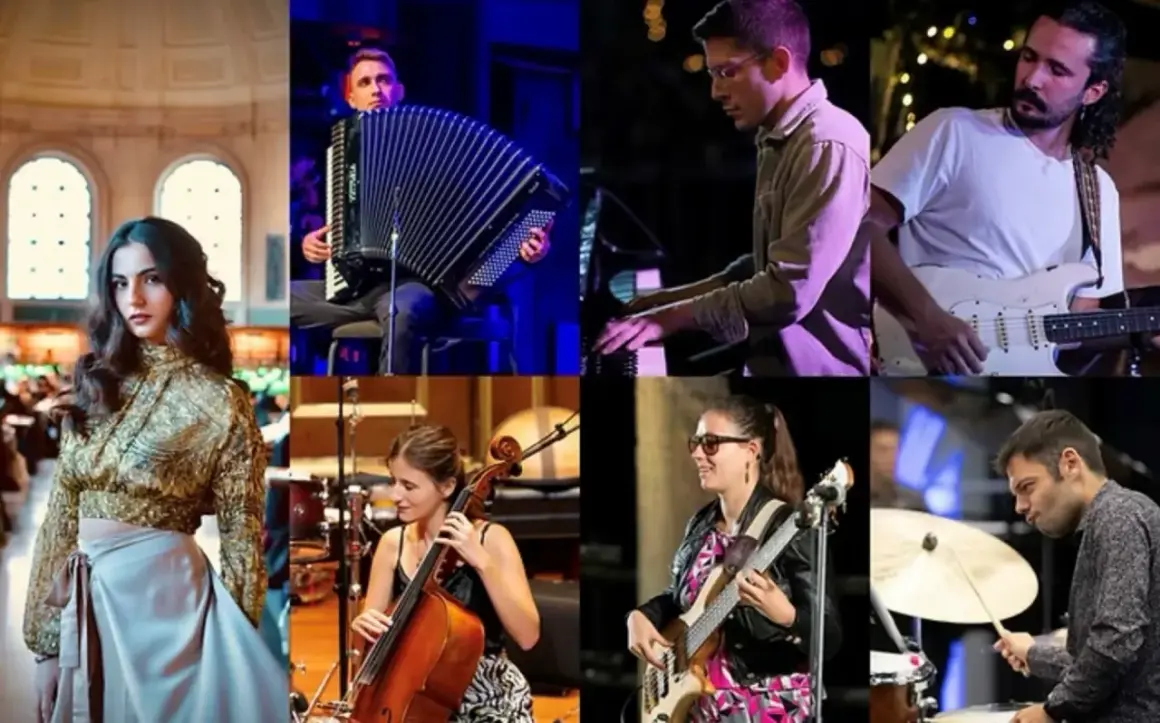 Un collage di musicisti: una donna con abito dorato, un fisarmonicista, un pianista, un chitarrista, una violoncellista, una bassista e un batterista. Un'atmosfera vibrante di musica balcanica.