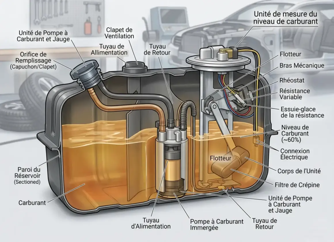 Schéma d'un réservoir de carburant montrant la pompe, le flotteur et le **fusible jauge carburant** qui indique le niveau.