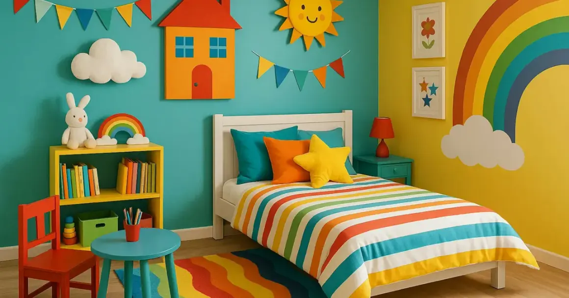 Une peinture de chambre garçon joyeuse avec un lit rayé, un arc-en-ciel, un soleil et des nuages.