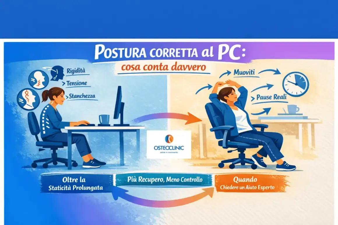 Illustrazione che mostra la postura corretta per studiare al PC: da una seduta rigida e stanca a pause e movimento per un recupero efficace.