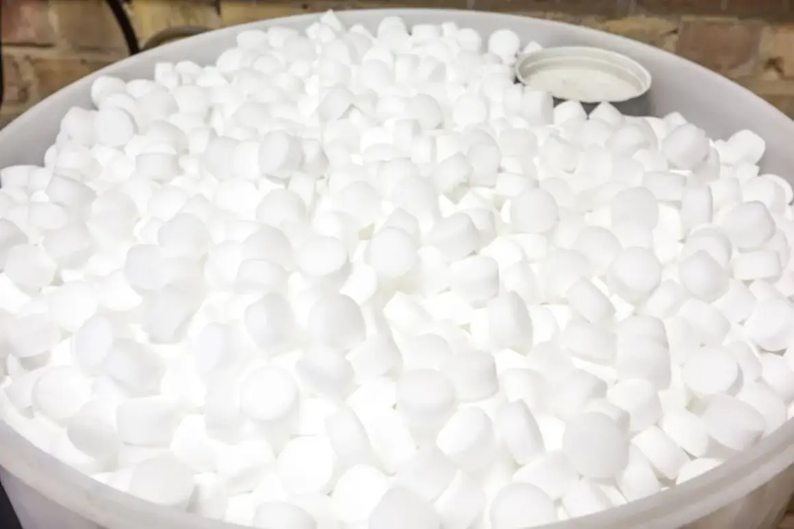 Un grand seau rempli de pastilles blanches de sel régénérant, prêtes à purifier l'eau.