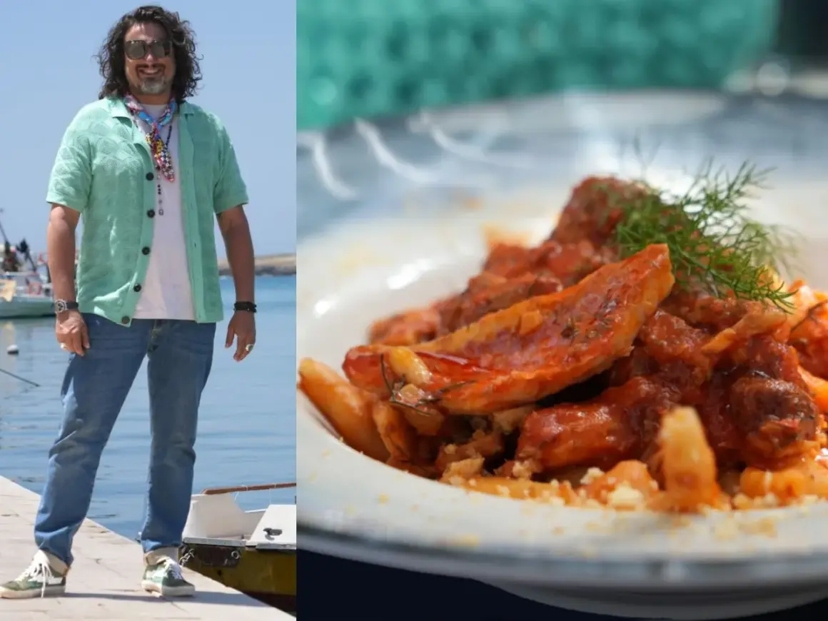 Chef Antonino Cannavacciuolo in Lampedusa, pronto per assaggiare i piatti di 4 ristoranti. Pasta al sugo di pesce in primo piano.