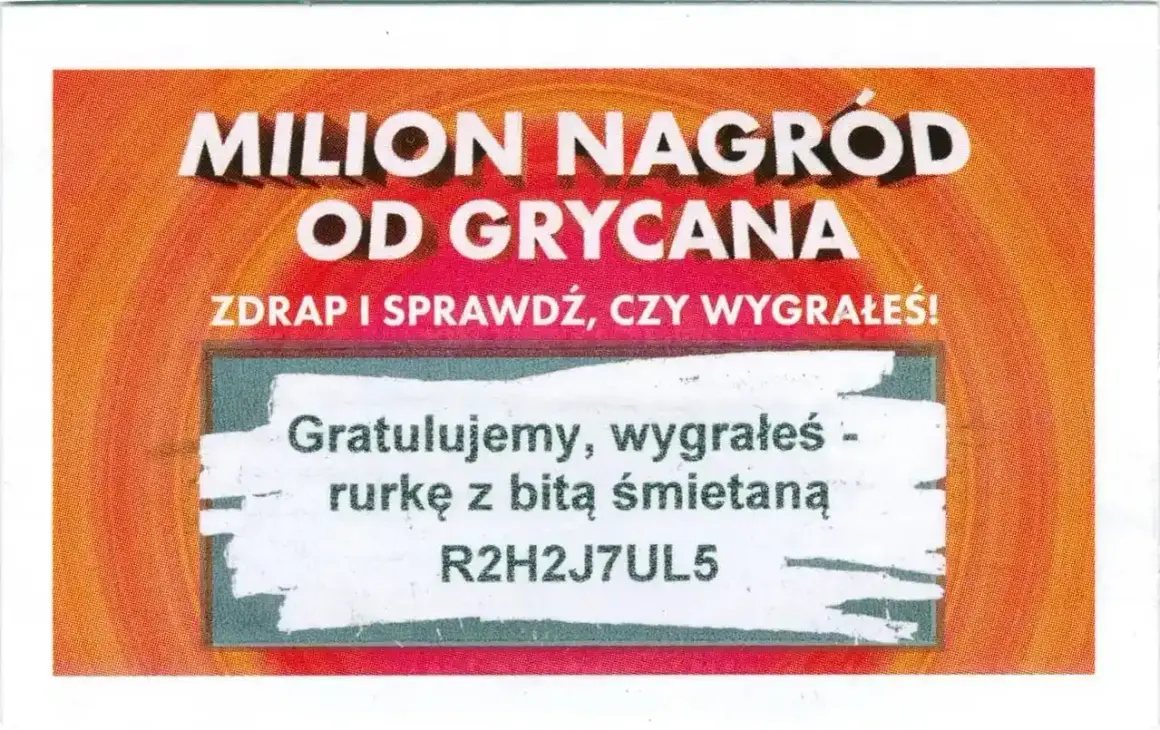 Zdrapka z napisem "Milion nagród od Grycana", gratulacją i kodem.