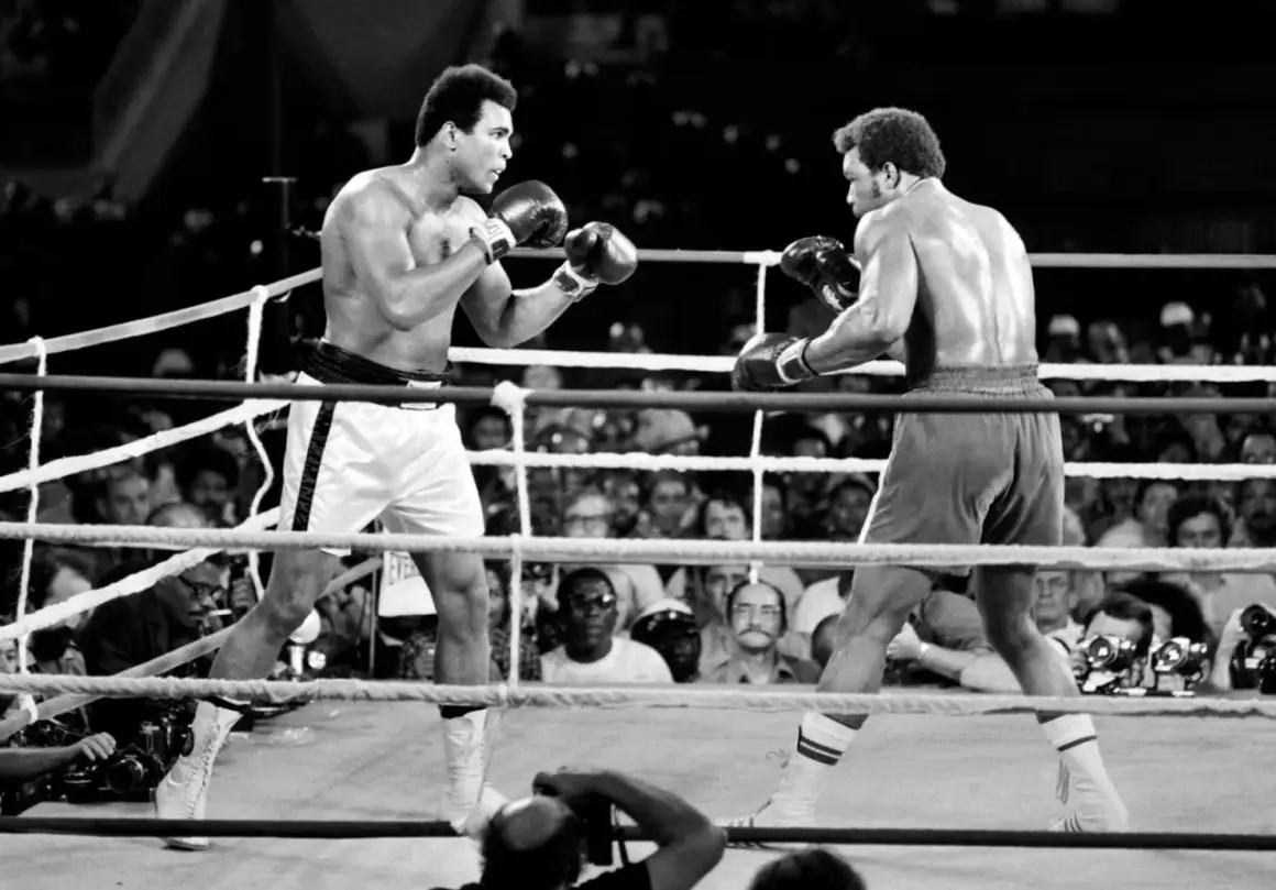 Muhammad Ali in the ring, a pivotal moment in his life events. He faces his opponent, the crowd watching intently.
