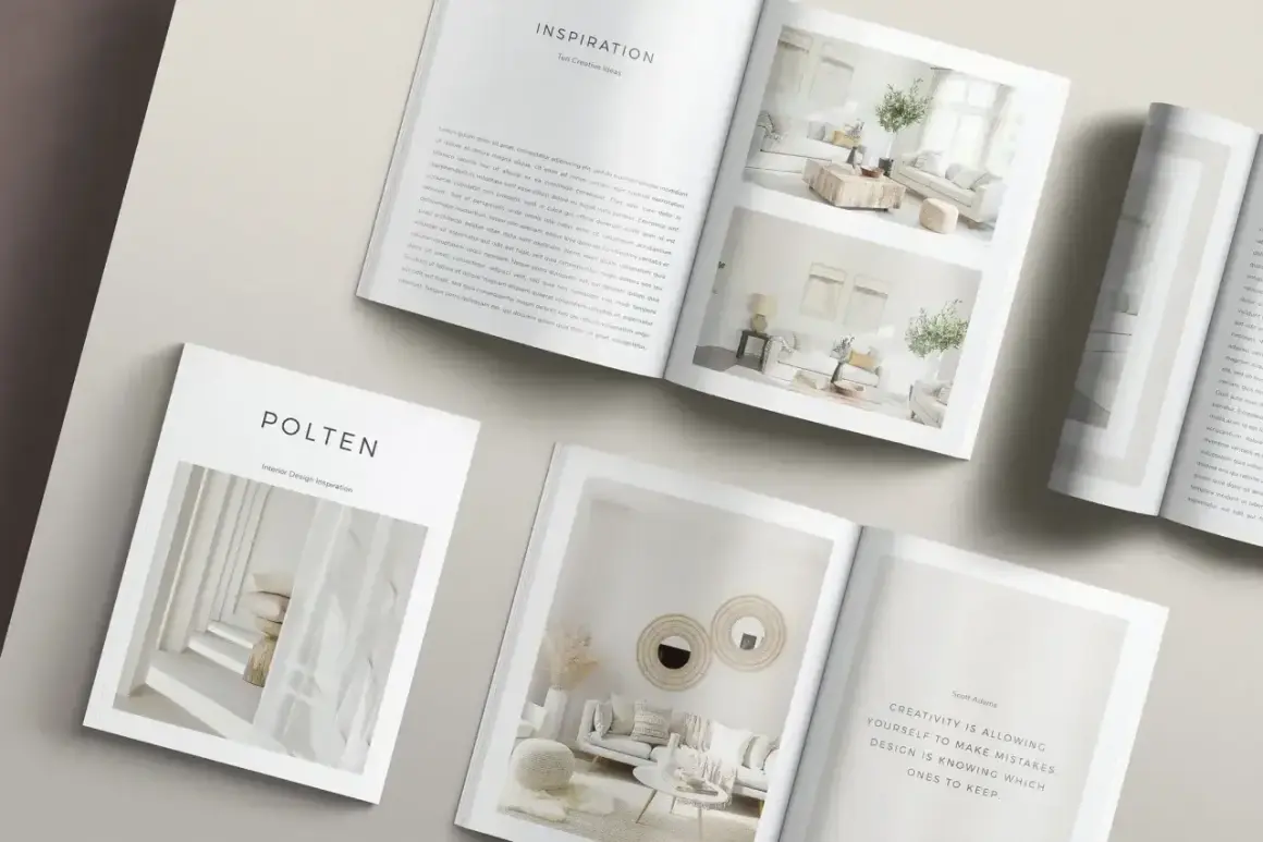 Otwarta księga z inspiracjami wnętrzarskimi, idealna do nauki, jak zrobić mockup w Photoshopie.