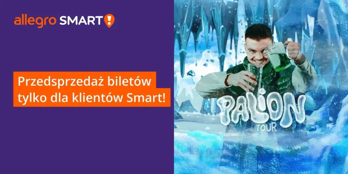 Mężczyzna nalewa zielony płyn do szklanki na tle lodowego krajobrazu i napisu "PALON TOUR".