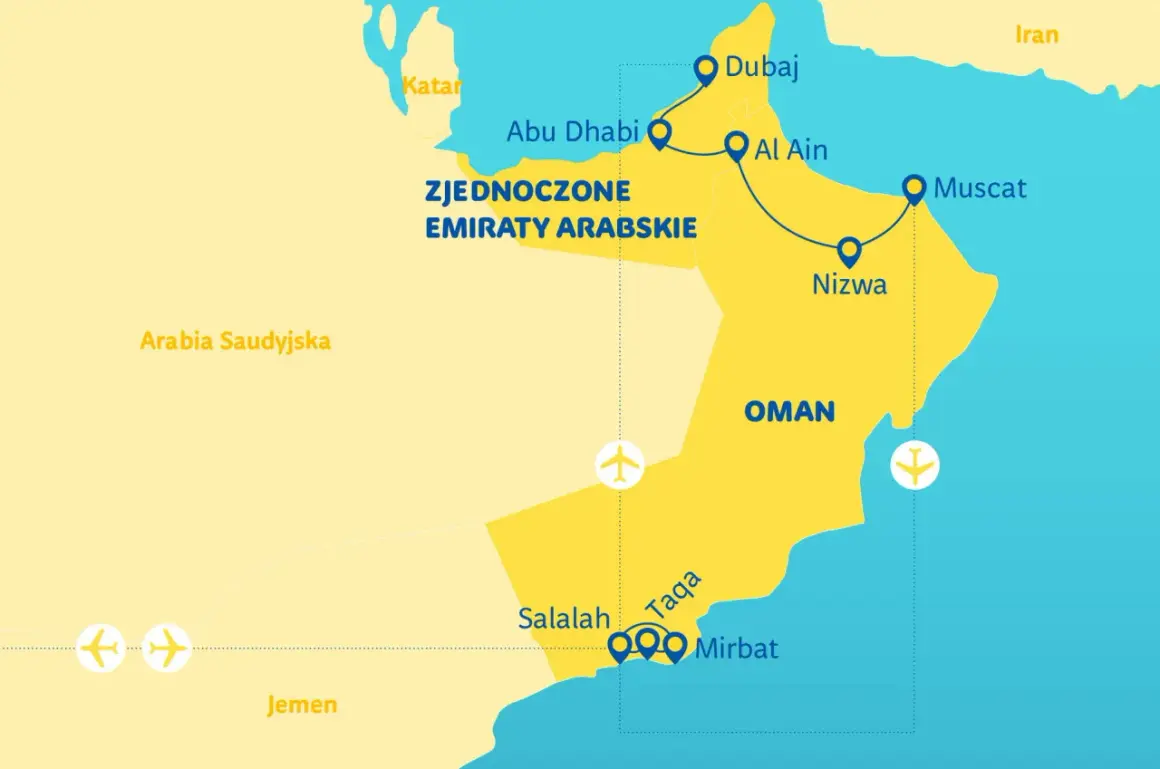 Mapa pokazuje gdzie jest Oman, Zjednoczone Emiraty Arabskie, Katar, Arabia Saudyjska i Jemen. Zaznaczone miasta to Dubaj, Al Ain, Nizwa, Maskat, Salalah, Taqa i Mirbat.