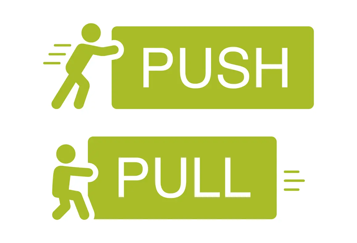 Zielona ikona z sylwetką człowieka pchającego (PUSH) i ciągnącego (PULL).