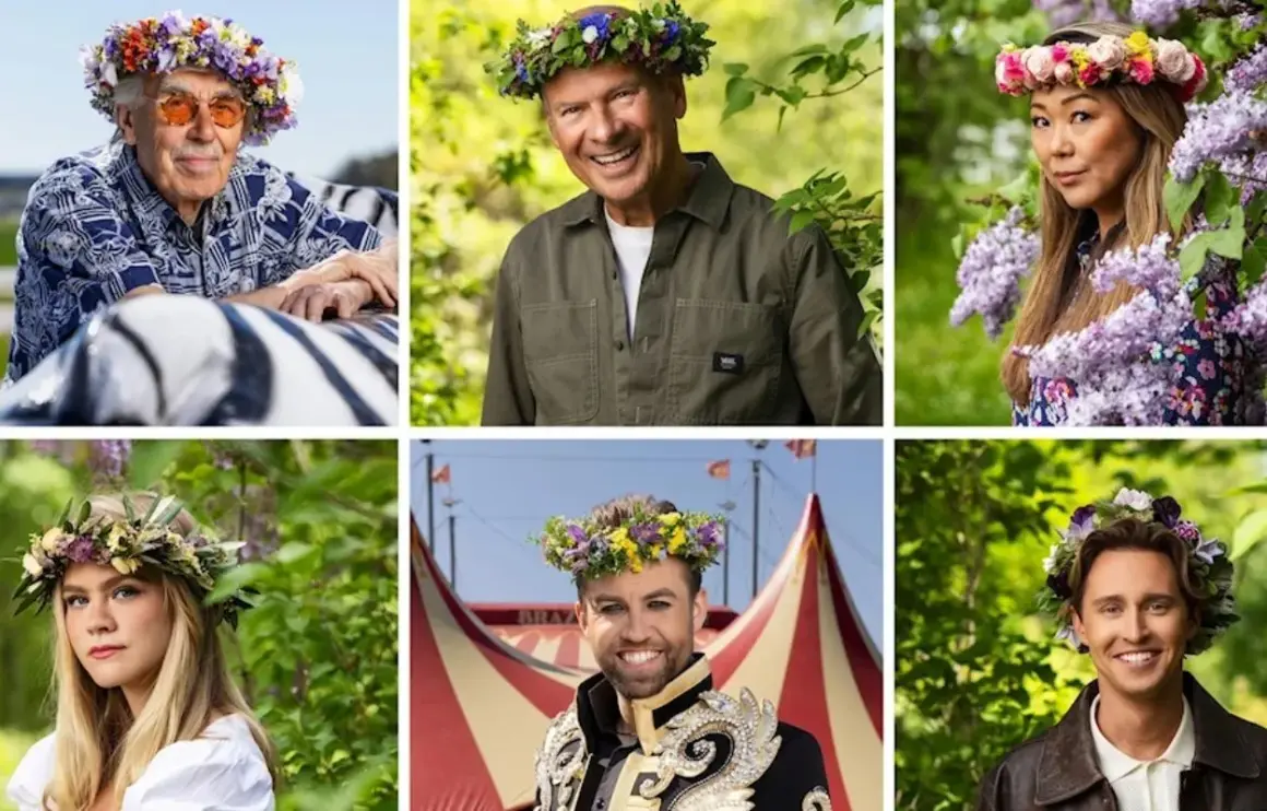 Sex personer med blomsterkransar på huvudet. En härlig sommarbild som får en att vilja lyssna på gamla sommarpratare.