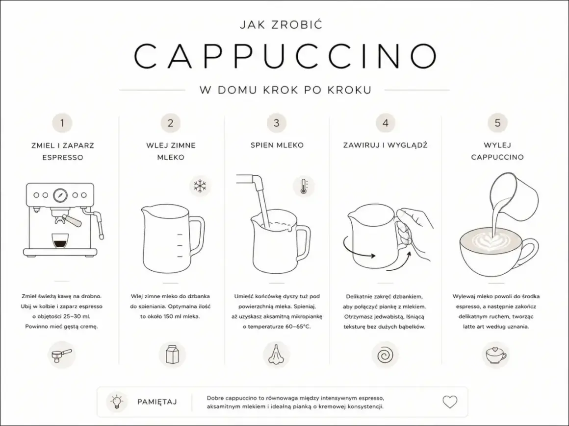 Instrukcja krok po kroku, jak zrobić idealne cappuccino: zaparz espresso, spień mleko, połącz je delikatnie, a na koniec wylej, tworząc latte art.