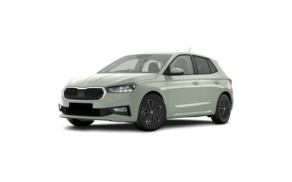 Jasnoszara Skoda Fabia 2025 z czarnymi felgami, prezentująca nowoczesny design i miejski styl.