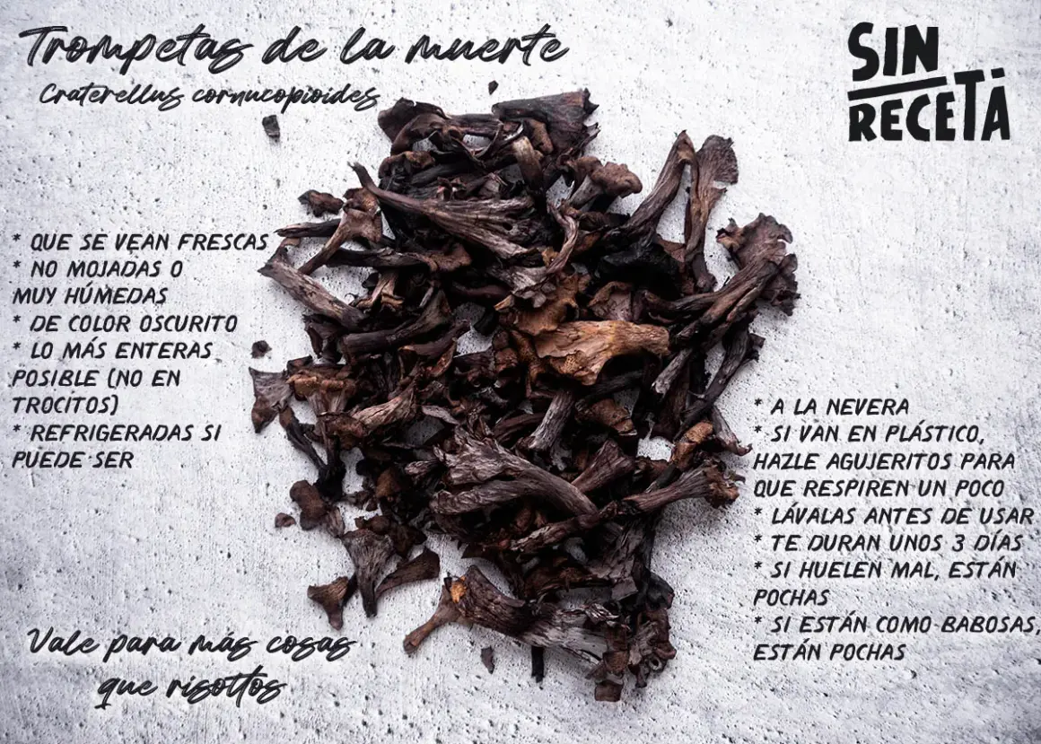 Trompetas de la muerte, también conocidas como Craterellus cornucopioides, listas para ser salteadas. Se ven frescas, oscuras y enteras.
