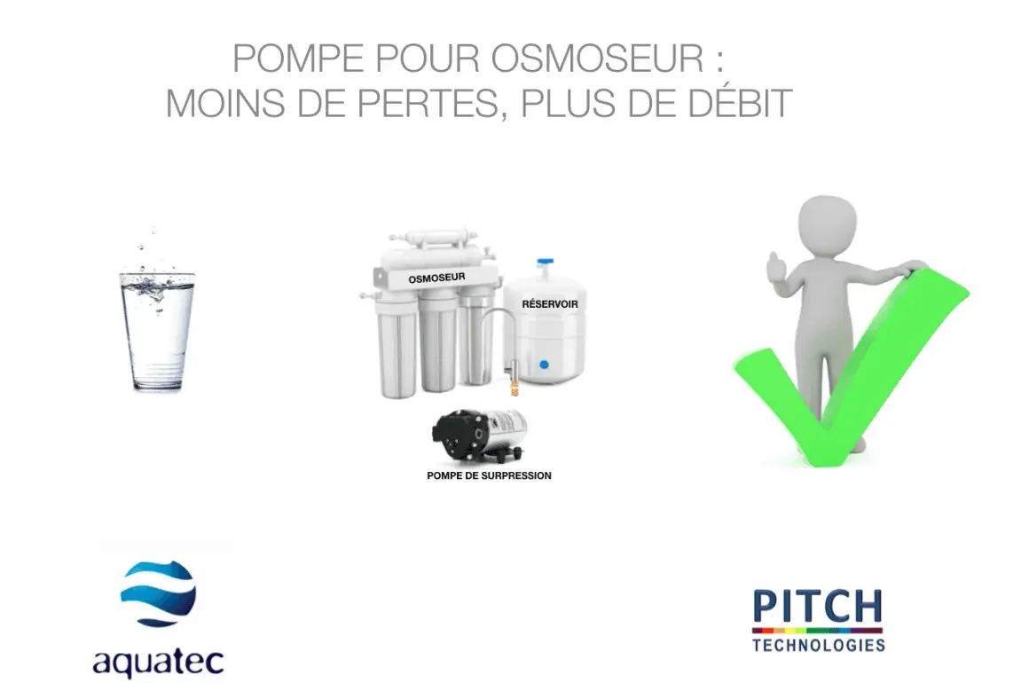 Une pompe booster pour osmoseur améliore le débit et réduit les pertes d'eau. Un système d'osmoseur avec réservoir et une pompe de surpression sont illustrés.