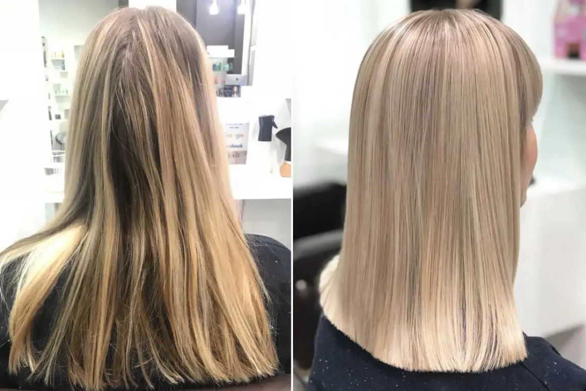 Vorher/Nachher: Langes, gestuftes Haar wird zu einem glatten, schulterlangen Schnitt mit heller Blondfärbung.