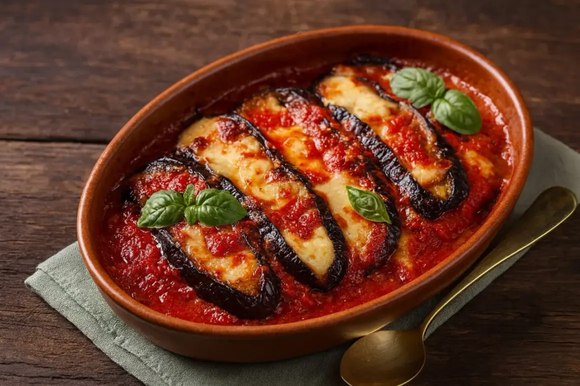 Herzhaftes Parmigiana di melanzane, geschichtet mit Auberginen, Tomatensauce und Käse, garniert mit Basilikum.