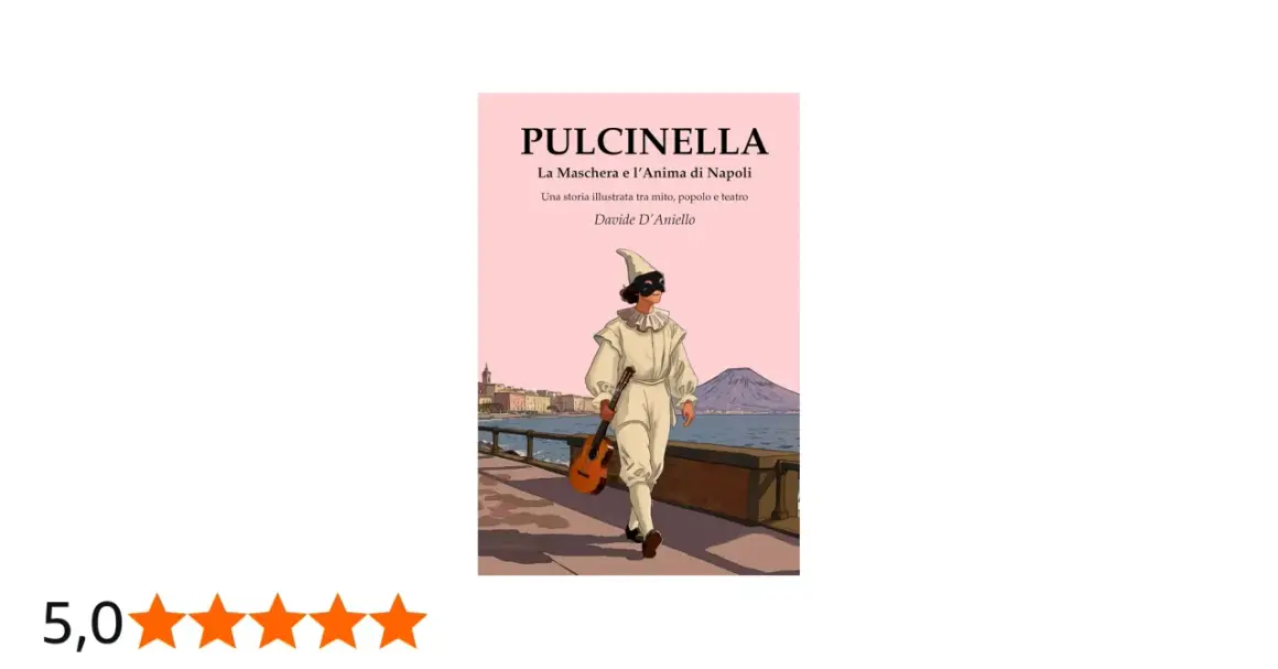 Pulcinella, maschera iconica di Napoli, passeggia con una chitarra sul lungomare, con il Vesuvio sullo sfondo.