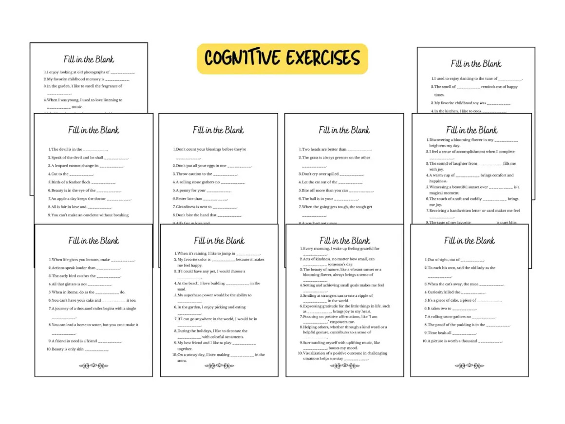 Exercice cognitif ergothérapie : des phrases à compléter pour stimuler la mémoire et la créativité.