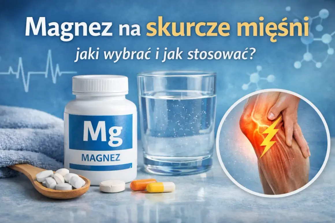 Magnez na skurcze mięśni: butelka z magnezem, tabletki, szklanka wody i obrazek bolącej nogi.