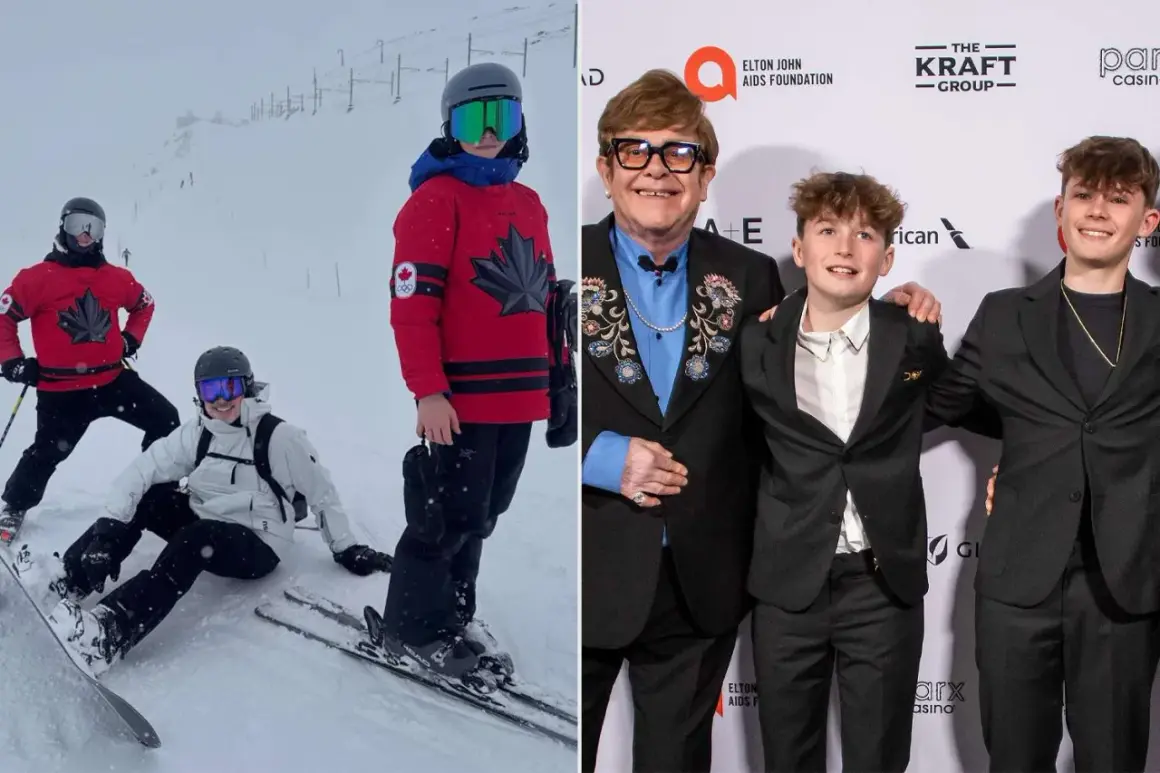 Elton John med sina barn på skidsemester och vid ett event.
