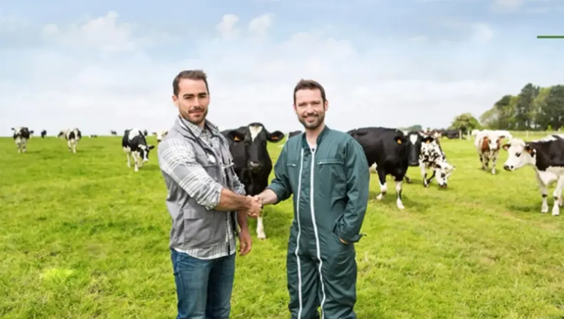 Due uomini si stringono la mano in un prato verde con tanti animali al pascolo.
