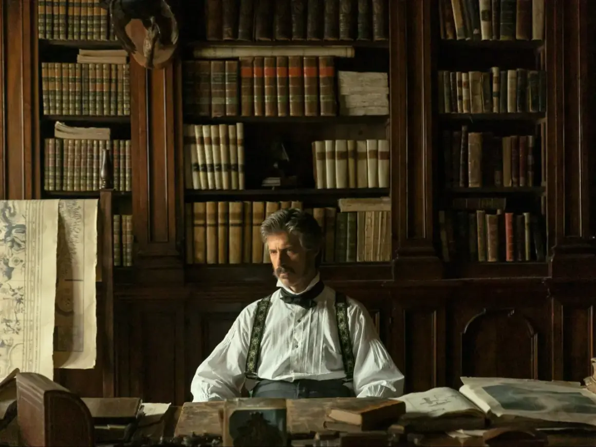 Mężczyzna w historycznym stroju siedzi w gabinecie pełnym książek, które mogą posłużyć jako inspiracja do seriali na podstawie książek.
