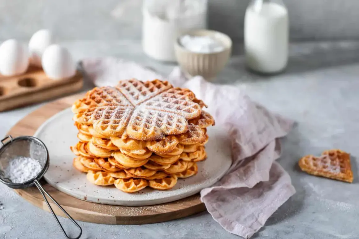 Ein Stapel Herz-Waffeln, bestäubt mit Puderzucker. Perfekt für ein Frühstück, das mit dem Thermomix zubereitet wurde.