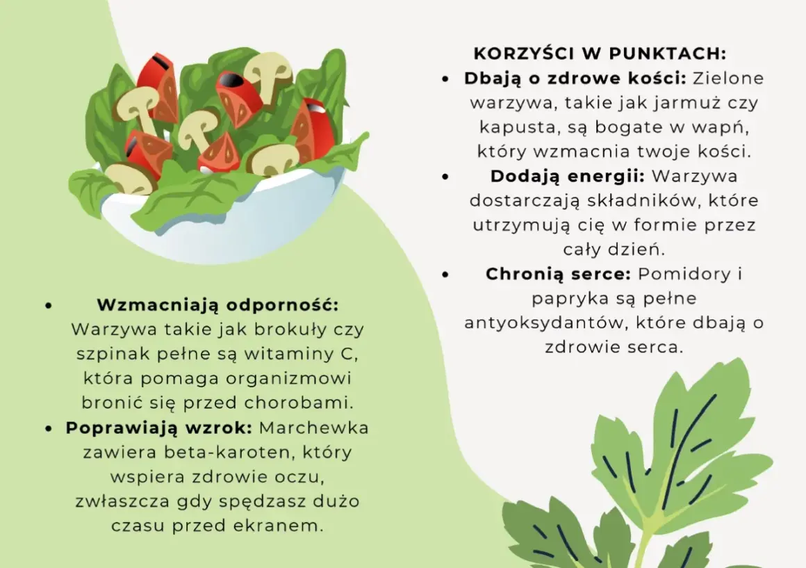 Miseczka pełna zdrowych warzyw: brokuły, pomidory, pieczarki. Lista korzyści: wzmacniają odporność, poprawiają wzrok, dbają o kości, dodają energii i chronią serce.