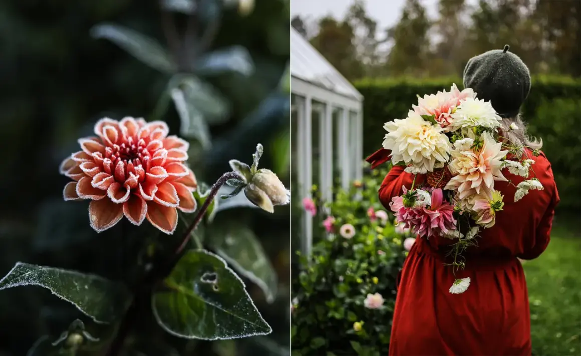 Frostig dahlia i kruka, redo att klippa ner. En person i röd klänning bär en bukett av dahlior.