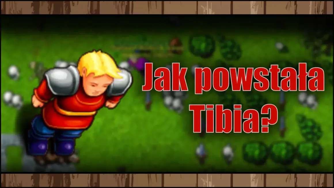 Postać z gry tibia w czerwonej tunice i niebieskich spodniach, obok napis "Jak powstała Tibia?".