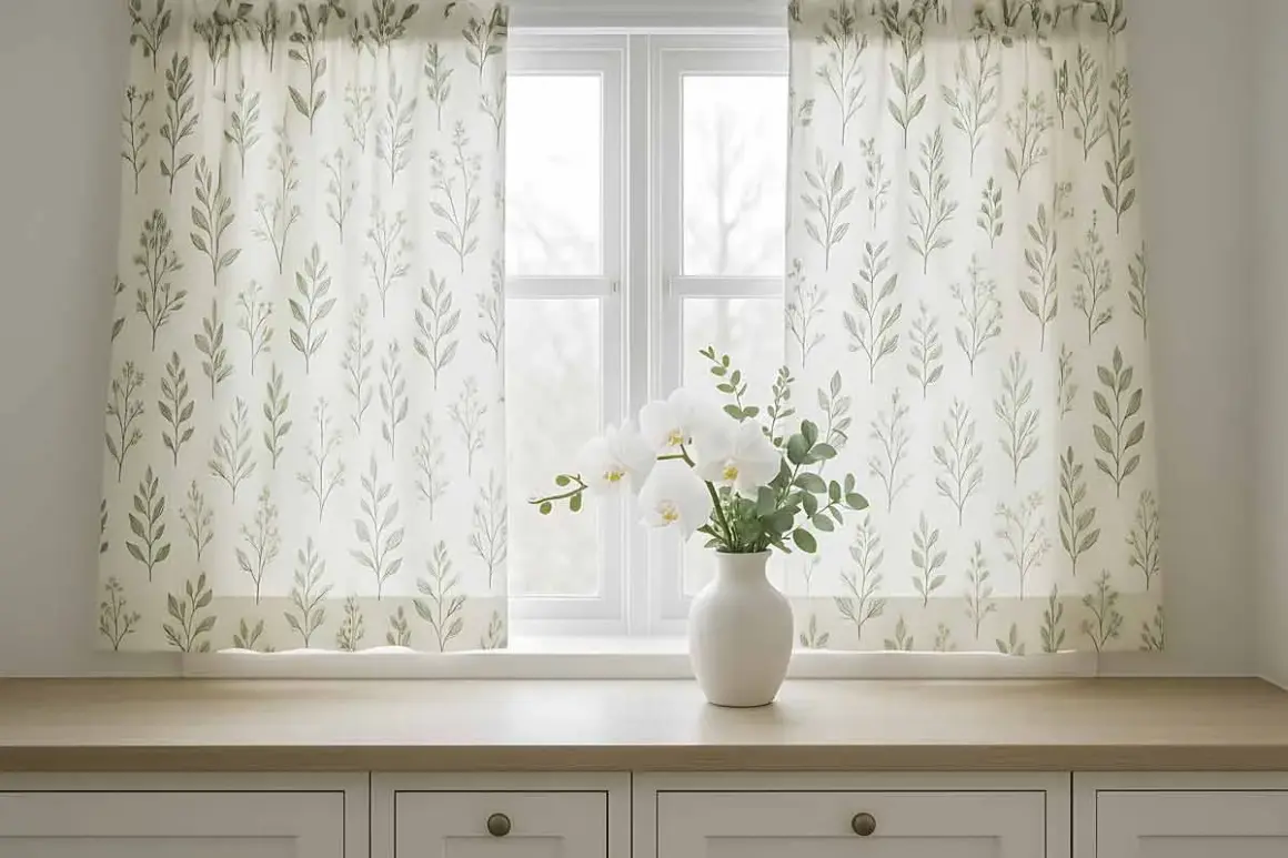 Tende fai da te con delicato motivo botanico, perfette per un tocco naturale. Un vaso di orchidee bianche completa l'arredo.