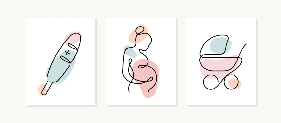 Trzy minimalistyczne grafiki: termometr, ciężarna kobieta i wózek dziecięcy. Opowiadają historię, jak robi się dzieci.
