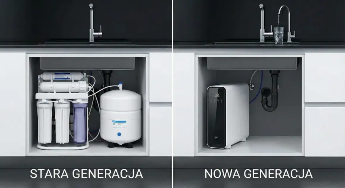 Porównanie rodzajów filtrów do wody: stara generacja z wieloma elementami i nowa, kompaktowa jednostka.