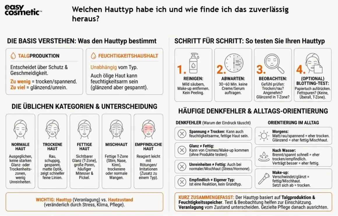 Welcher Hauttyp bin ich? Anleitung zur Selbsteinschätzung: Talgproduktion & Feuchtigkeitshaushalt prüfen. Test & Beobachtung helfen.
