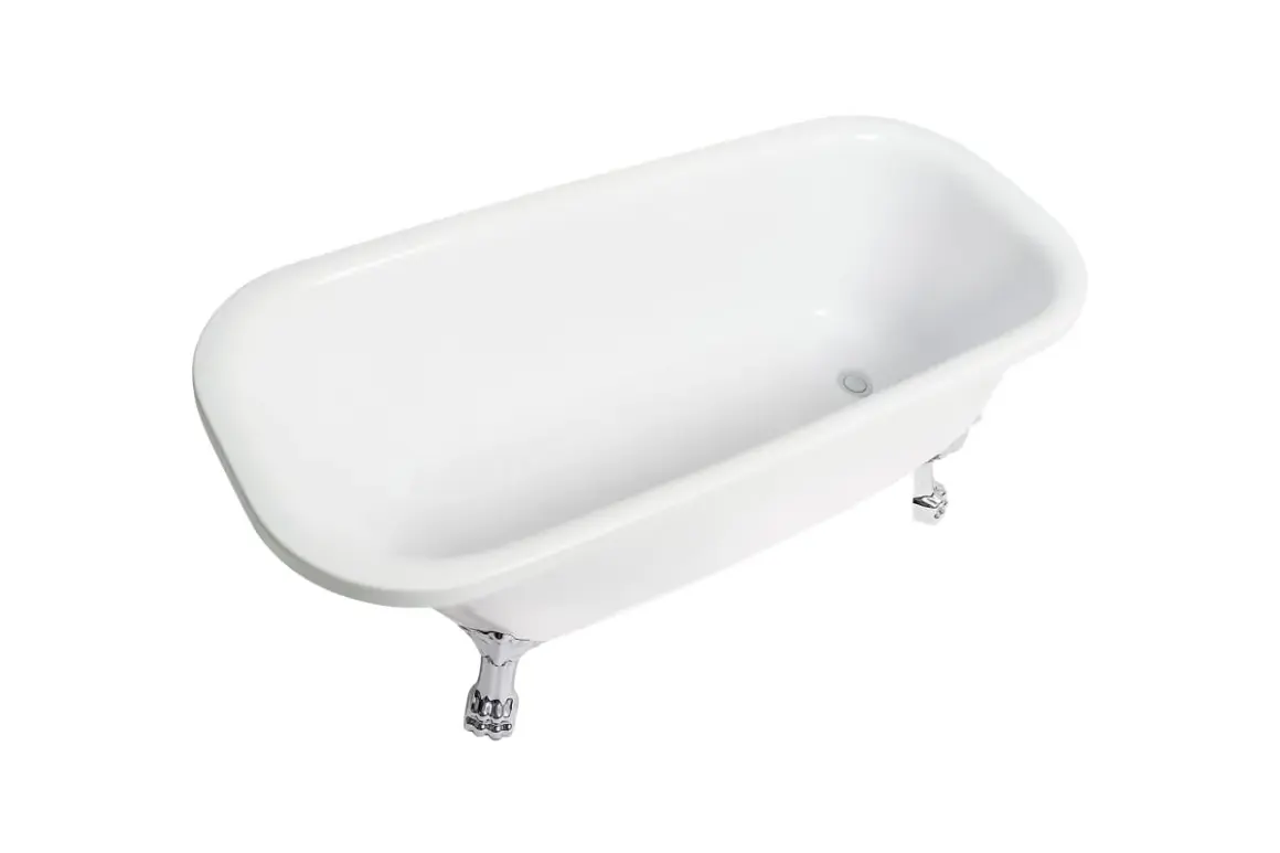 Ett vitt fristående badkar med klotassar. Undrar du hur mycket rymmer ett badkar? Detta klassiska badkar är perfekt för avkopplande bad.