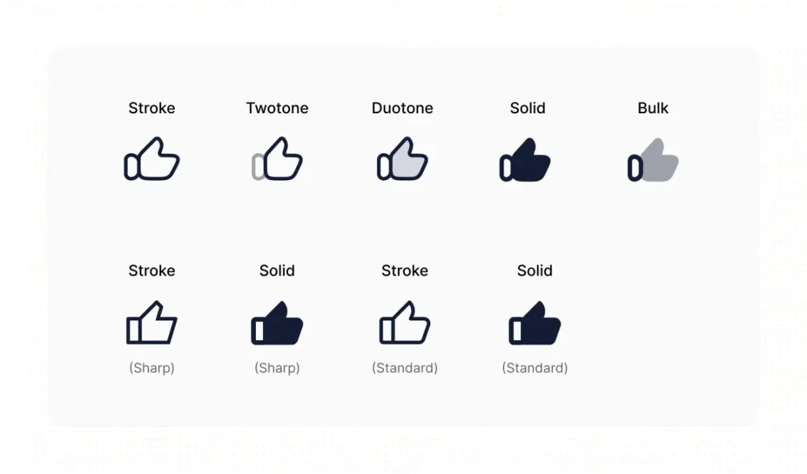 A collection of thumbs-up icons showcasing various icon styles: stroke, twotone, duotone, solid, and bulk.