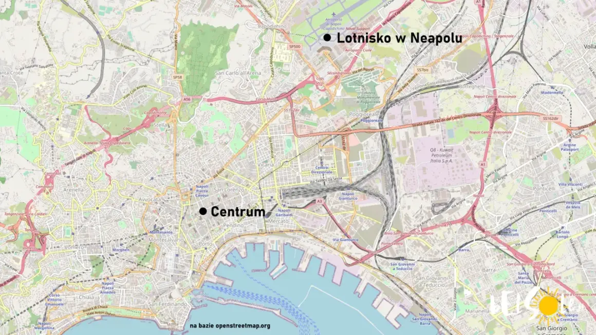 Mapa pokazuje **dojazd z lotniska w Neapolu** do centrum miasta. Widać lotnisko, autostrady i główne ulice.