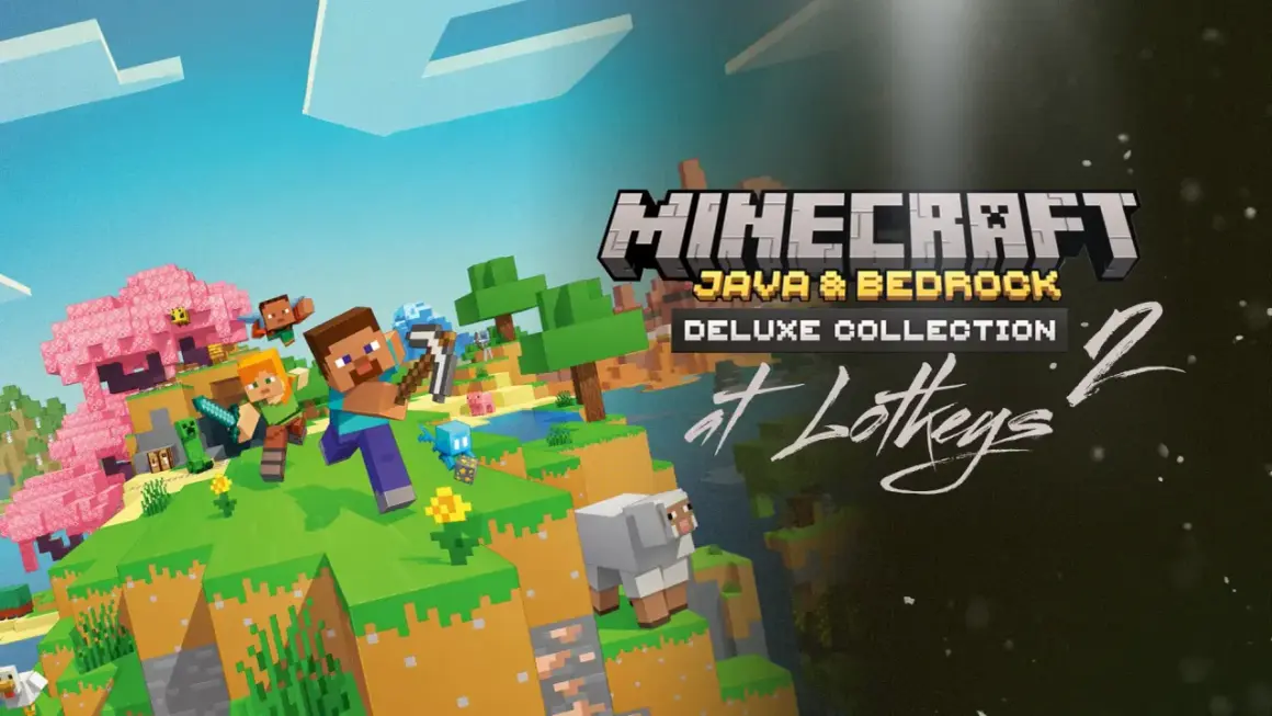 Postać Steve'a i Alex w świecie Minecraft, z logo "Java & Bedrock Deluxe Collection". Jaka jest najnowsza wersja Minecraft?