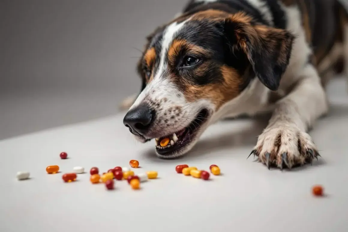 Un chien curieux s'approche de pilules colorées, certaines ressemblant à de l'ibuprofène pour chien. Attention, ce n'est pas un jouet !