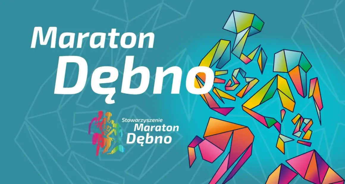 Maraton Dębno: biegacze w geometrycznych kształtach, symbolizujący energię i dynamikę.