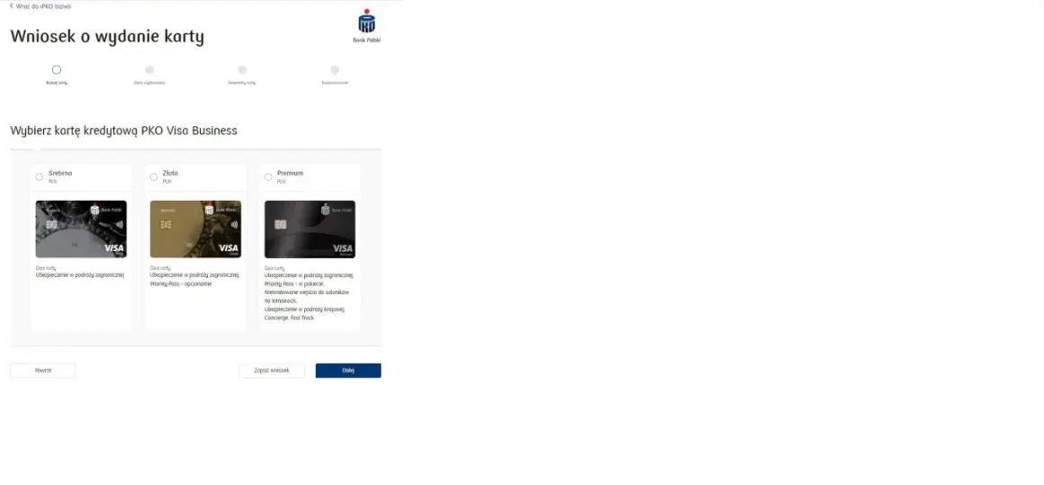 Wybór karty PKO Visa Business: Srebrna, Złota (z opcjonalnym Priority Pass) lub Premium (z Priority Pass, salonikami lotniskowymi, Concierge).