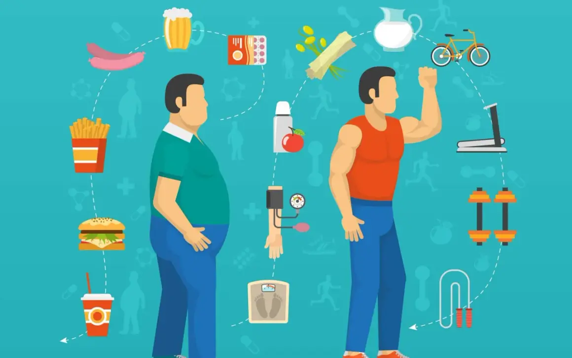 Porównanie sylwetek i symboli: niezdrowa dieta (fast food, piwo) vs. zdrowy styl życia (warzywa, ćwiczenia). Jak to wpływa na metabolizm co to?