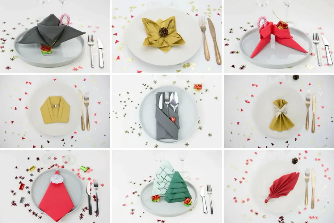 Neuf idées de pliage de serviettes pour un pliage de noël festif : sapins, Père Noël, chaussettes, et plus encore.