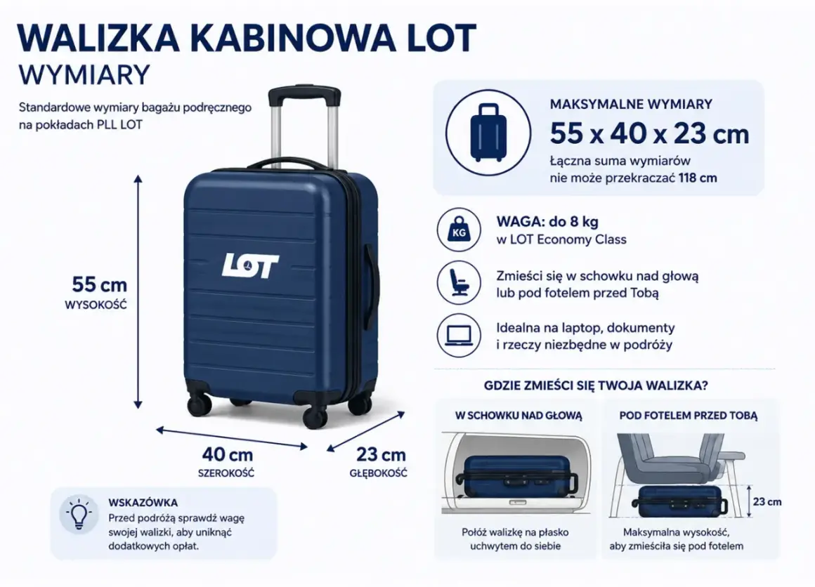 Walizka kabinowa LOT: wymiary 55x40x23 cm, waga do 8 kg. Idealna na bagaż podręczny, mieści się w schowku nad głową lub pod fotelem.